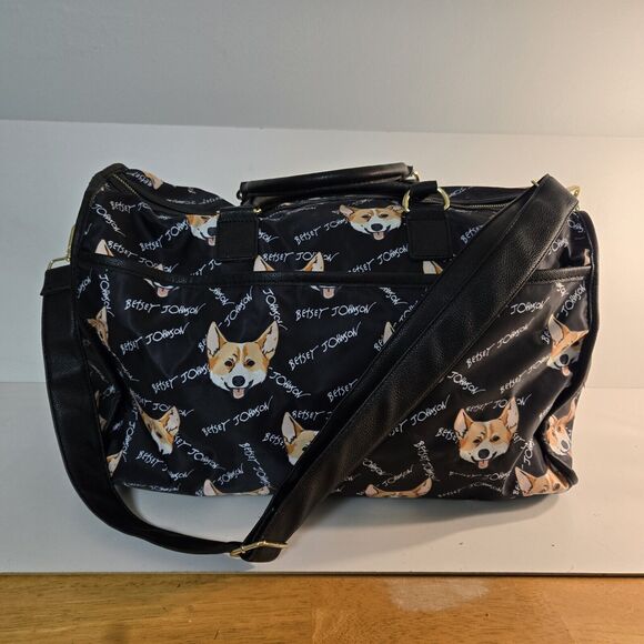 Betsy Johnson Black Weekender Duffle Corgi Print Bag w Adjustable Shoulder Strap - Picture 5 of 11